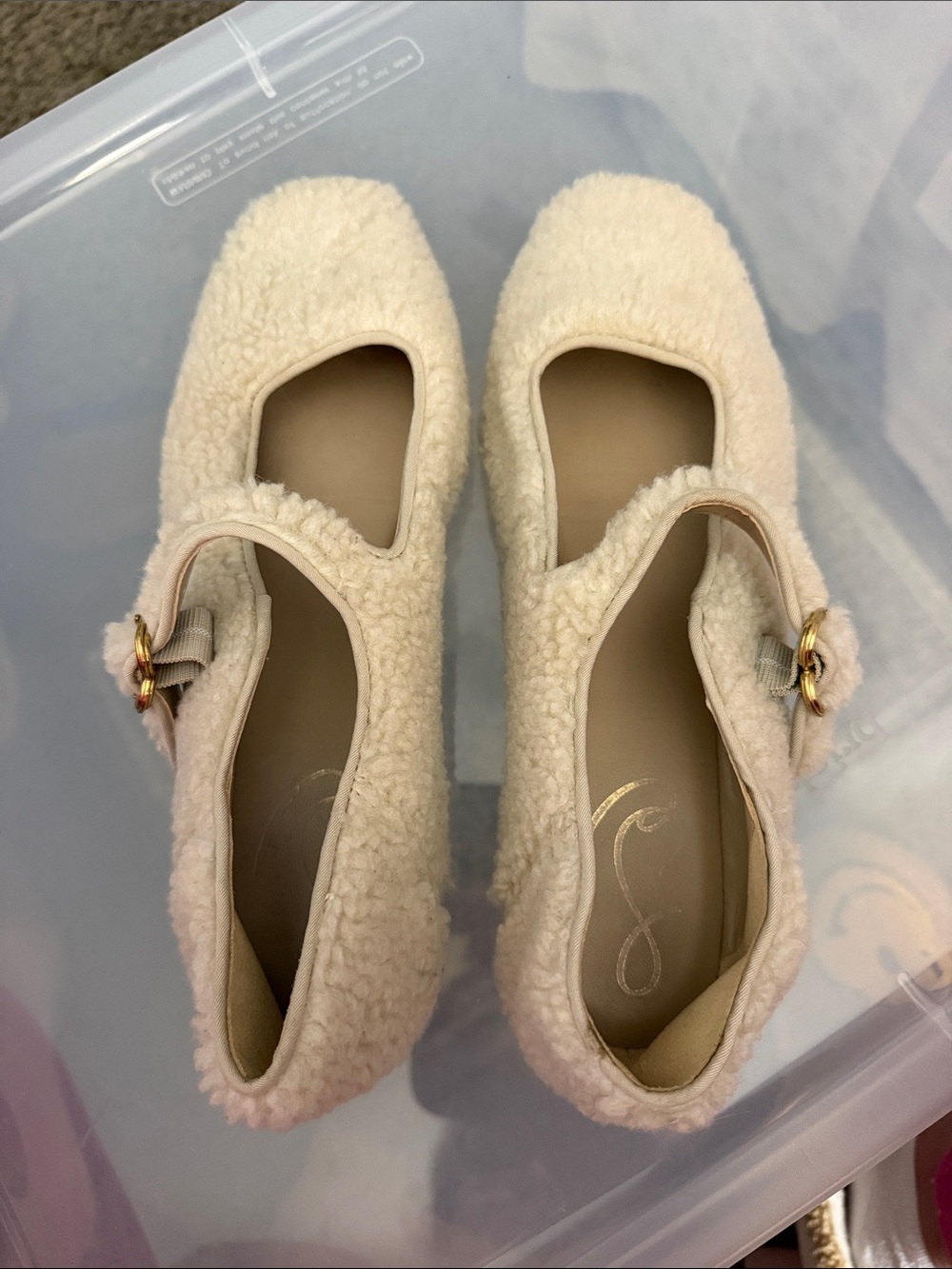 Sam Edelman Cream Sherpa Mary Jane Flats with Gold Buckle